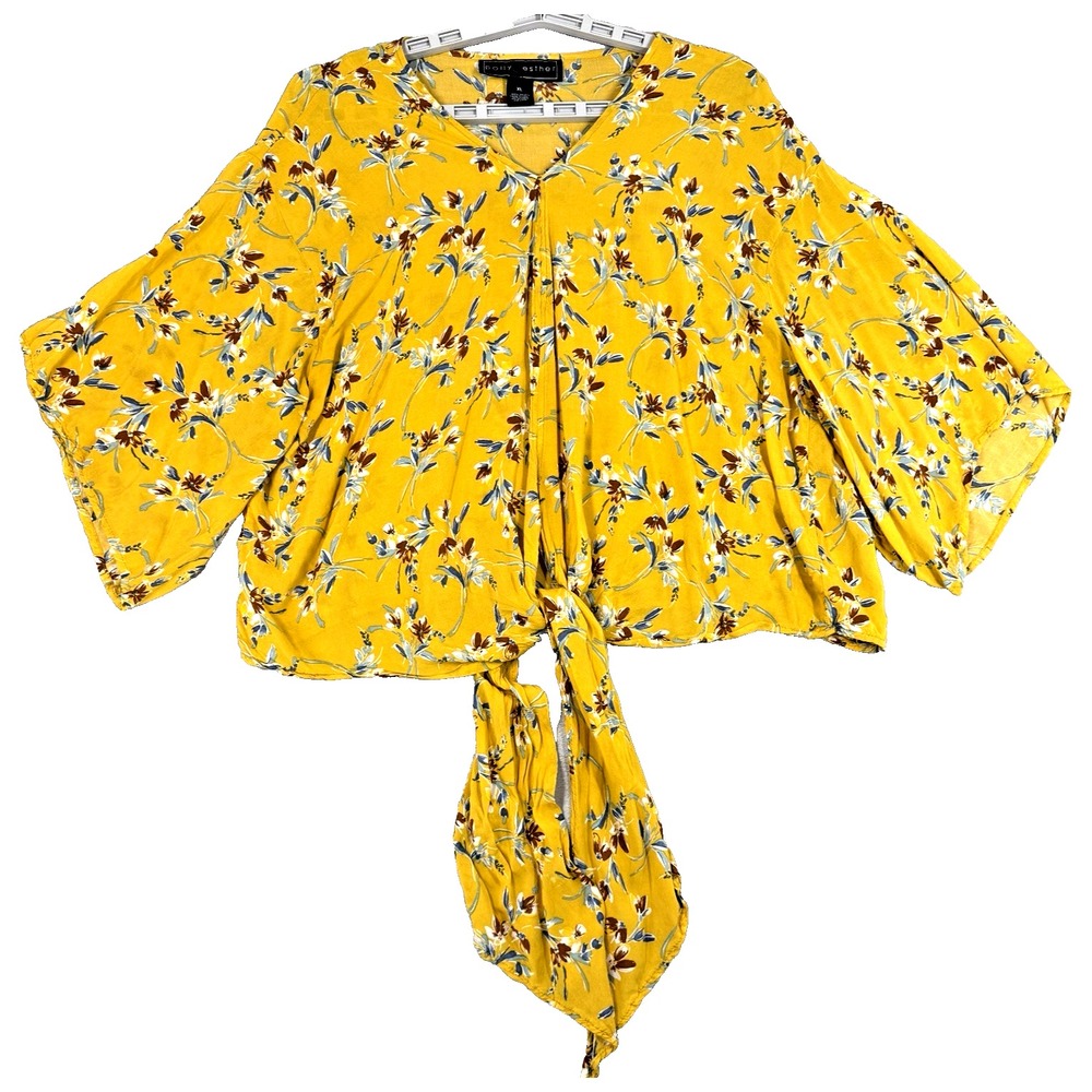 Polly & Ester Floral Top XL Yellow  Boho Tie Front Crop Blouse Hippie Fairy Y2K